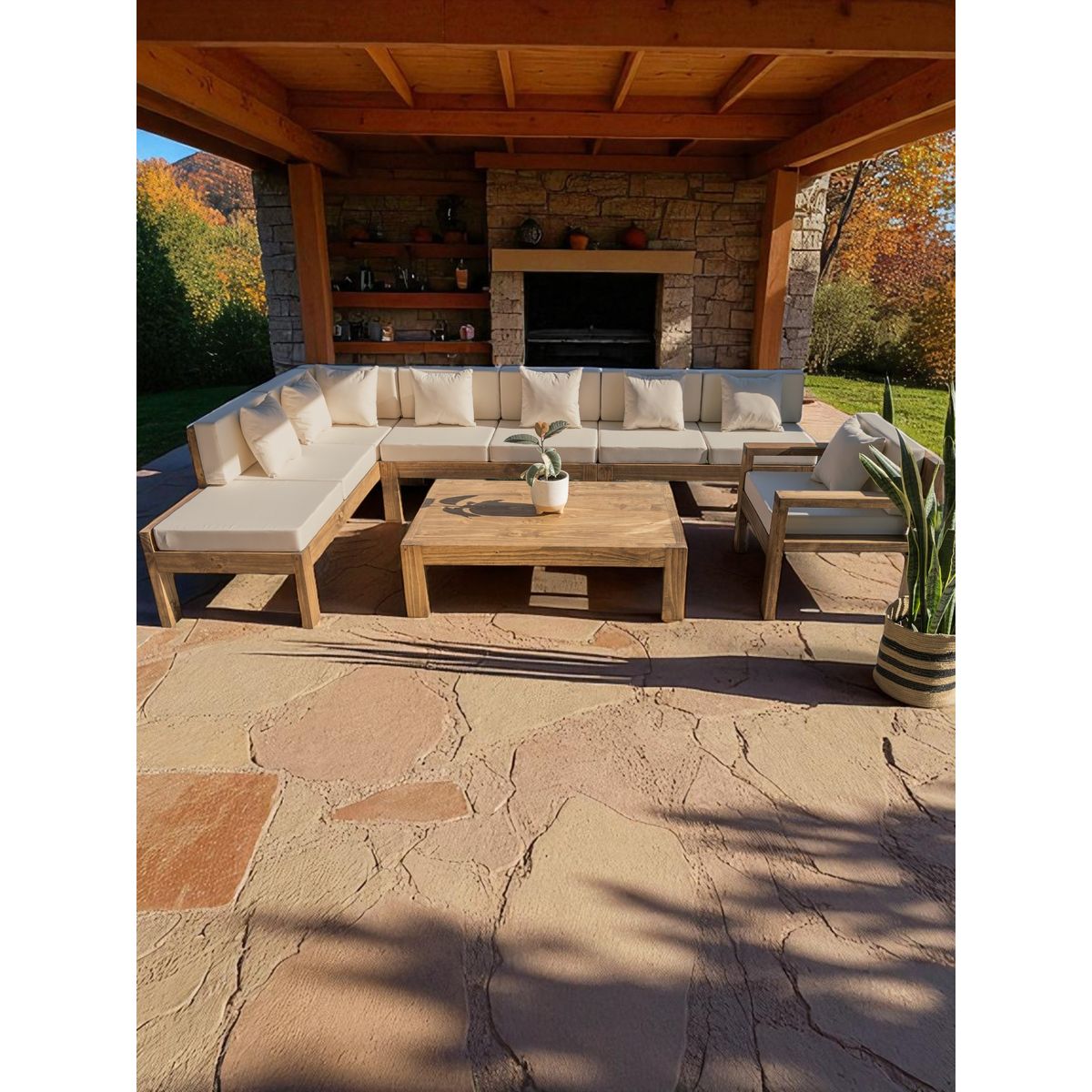 MIARUSTE - TERRAZA RÚSTICA MIARUSTE ELE 8 CUERPOS MADERA COLOR ROBLE COJINERÍA BEIGE V3