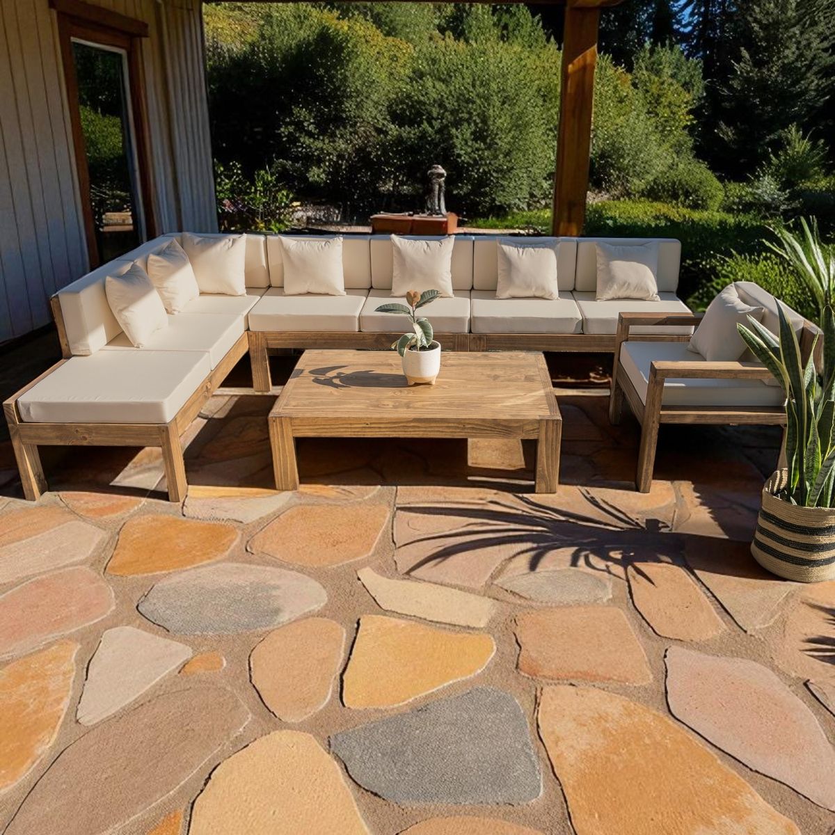 MIARUSTE - TERRAZA RÚSTICA MIARUSTE ELE 8 CUERPOS MADERA COLOR ROBLE COJINERÍA BEIGE V3