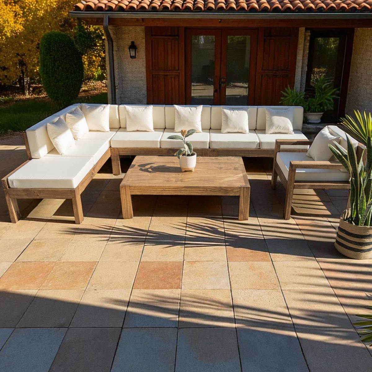 MIARUSTE - TERRAZA RÚSTICA MIARUSTE ELE 8 CUERPOS MADERA COLOR ROBLE COJINERÍA CRUDO V3