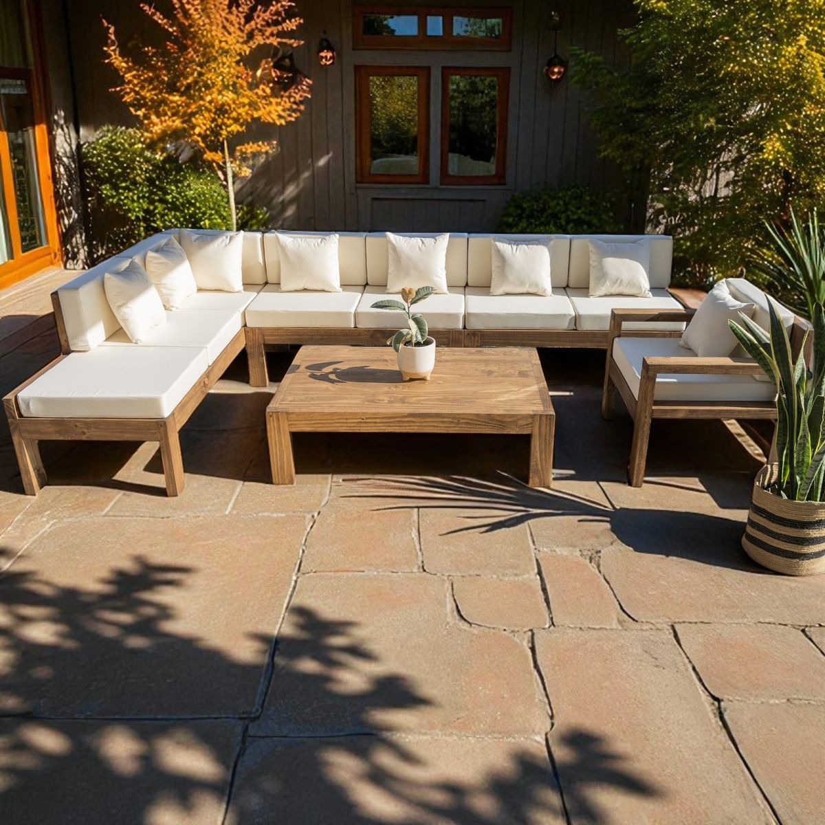 MIARUSTE - TERRAZA RÚSTICA MIARUSTE ELE 8 CUERPOS MADERA COLOR ROBLE COJINERÍA CRUDO V3