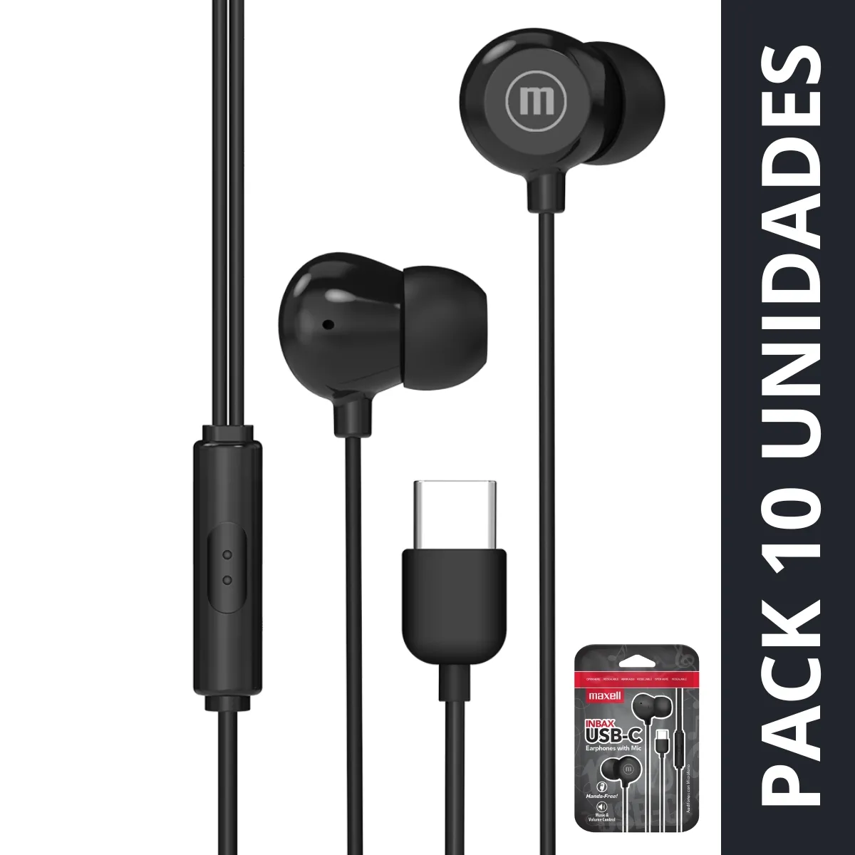 MAXELL - Pack 10 Audífonos Maxell In-bax Con Micrófono In Ear Tipo C Negro