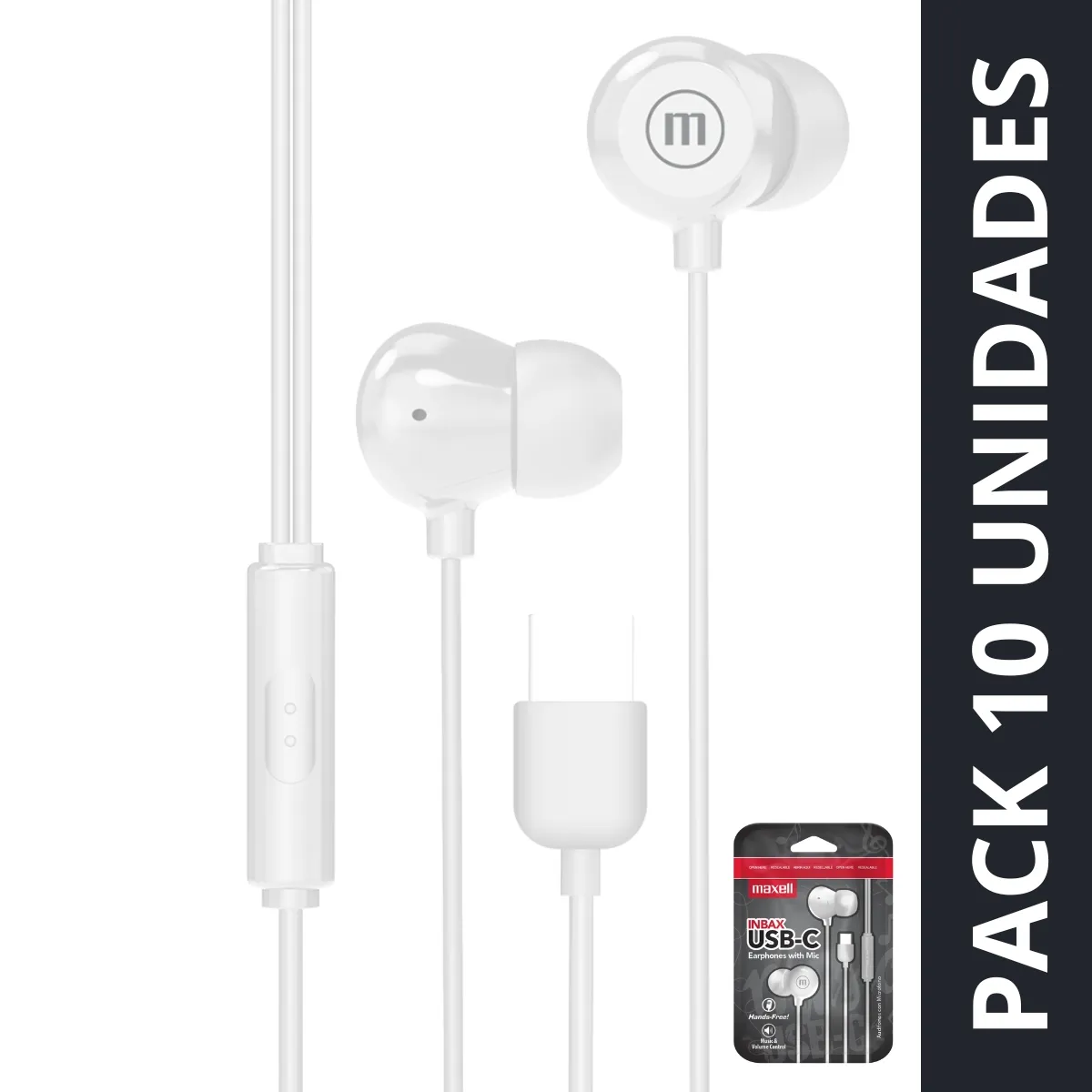 MAXELL - Pack 10 Audífonos Maxell In-bax Con Micrófono In Ear Tipo C Blanco