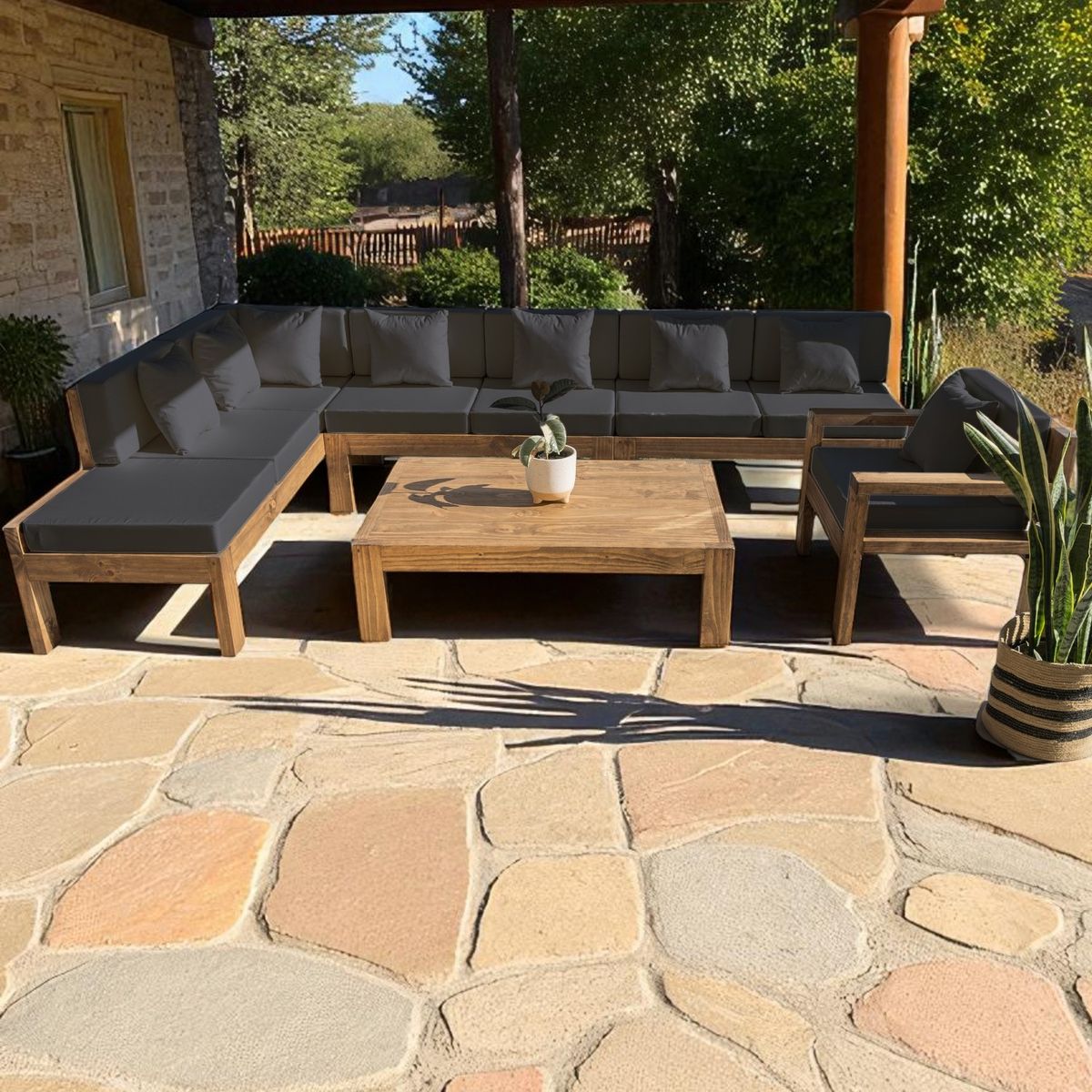 MIARUSTE - TERRAZA RÚSTICA MIARUSTE ELE 8 CUERPOS MADERA COLOR ROBLE COJINERÍA GRIS OSC V3