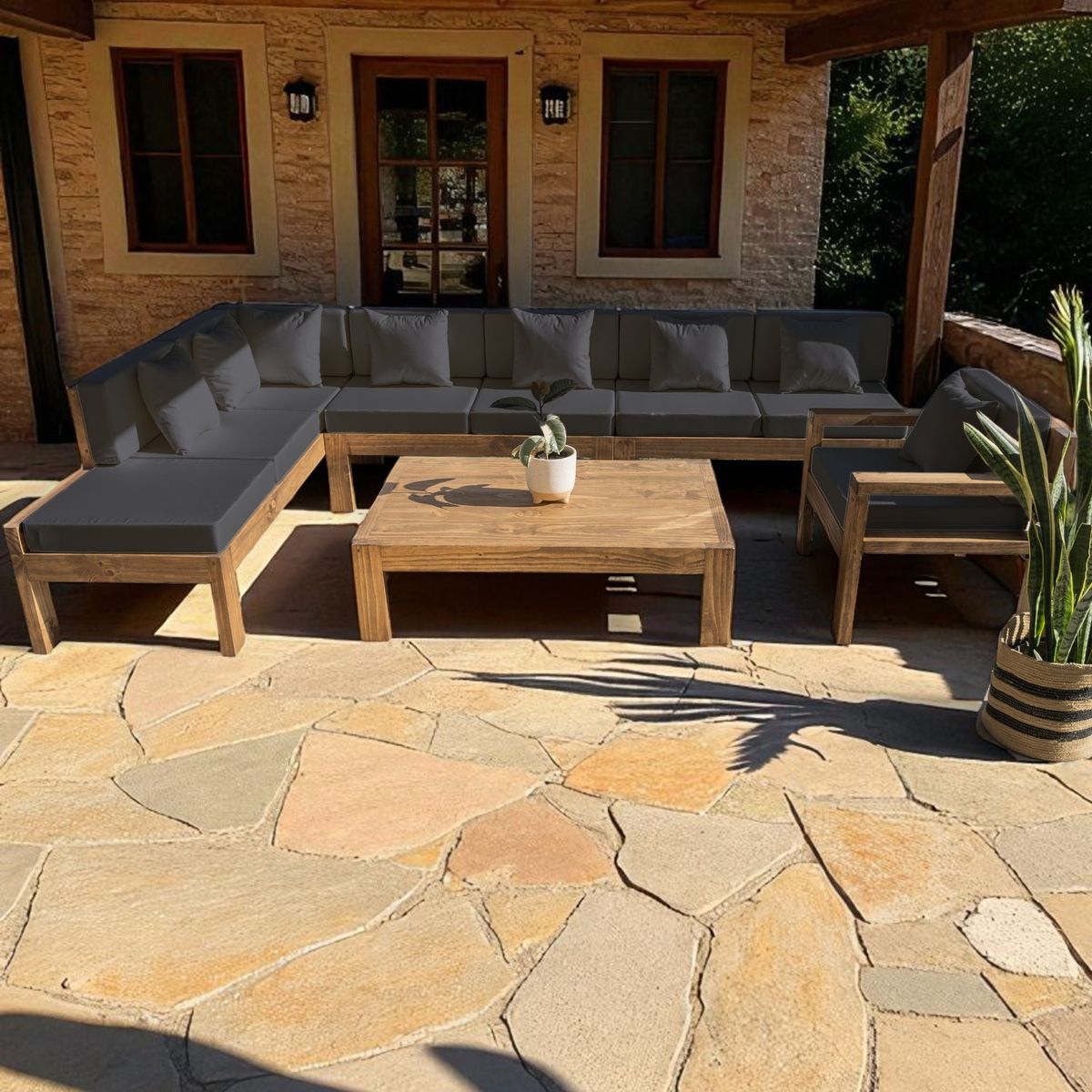 MIARUSTE - TERRAZA RÚSTICA MIARUSTE ELE 8 CUERPOS MADERA COLOR ROBLE COJINERÍA GRIS OSC V3