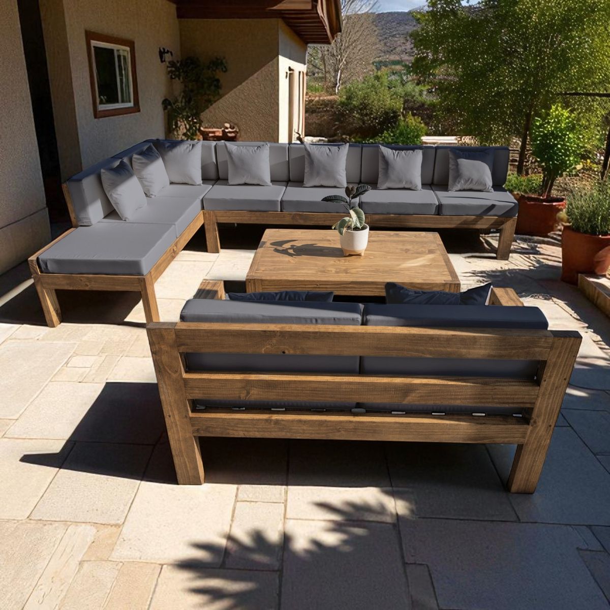 MIARUSTE - TERRAZA RÚSTICA MIARUSTE ELE 9 CUERPOS MADERA COLOR ROBLE COJINERÍA GRIS MEDIO