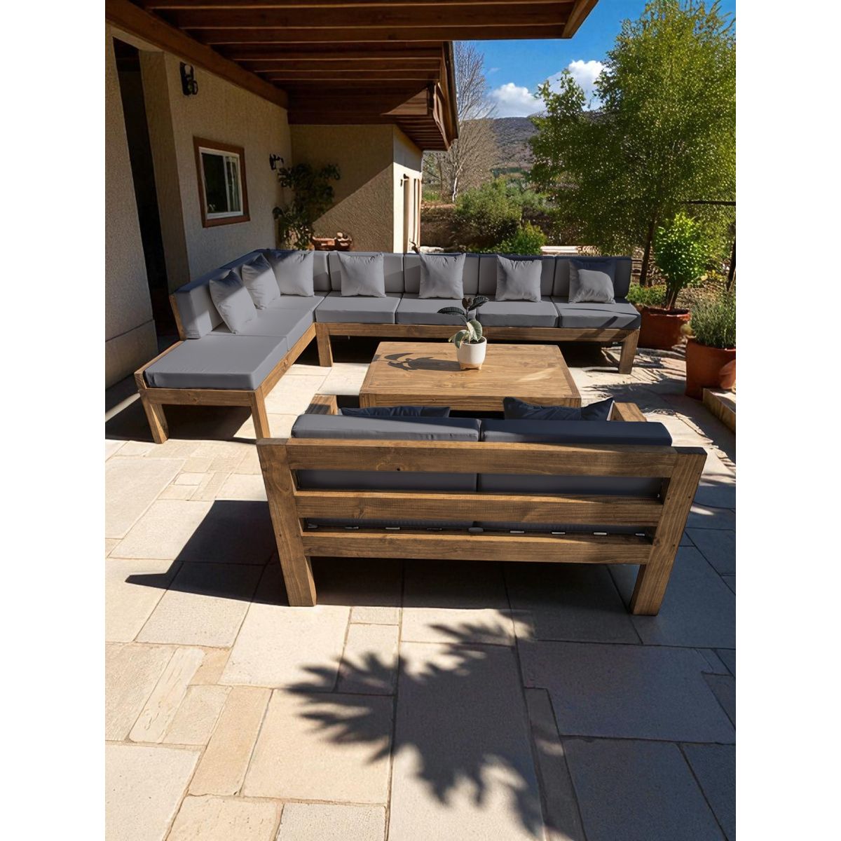 MIARUSTE - TERRAZA RÚSTICA MIARUSTE ELE 9 CUERPOS MADERA COLOR ROBLE COJINERÍA GRIS MEDIO