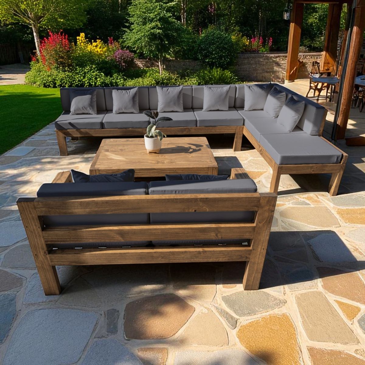 MIARUSTE - TERRAZA RÚSTICA MIARUSTE ELE 9 CUERPOS MADERA COLOR ROBLE COJINERÍA GRIS MEDIO