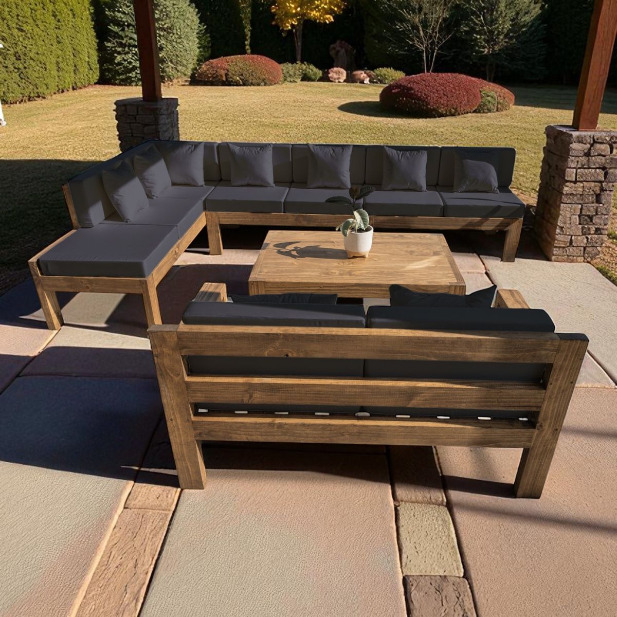 MIARUSTE - TERRAZA RÚSTICA MIARUSTE ELE 9 CUERPOS MADERA COLOR ROBLE COJINERÍA GRIS OSC