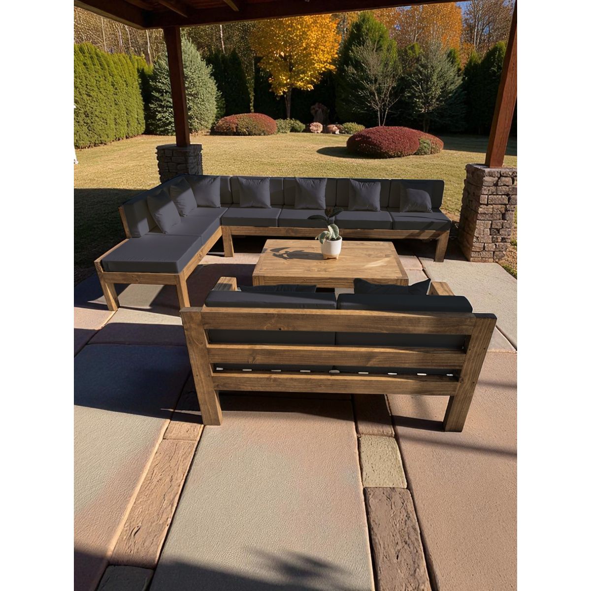 MIARUSTE - TERRAZA RÚSTICA MIARUSTE ELE 9 CUERPOS MADERA COLOR ROBLE COJINERÍA GRIS OSC