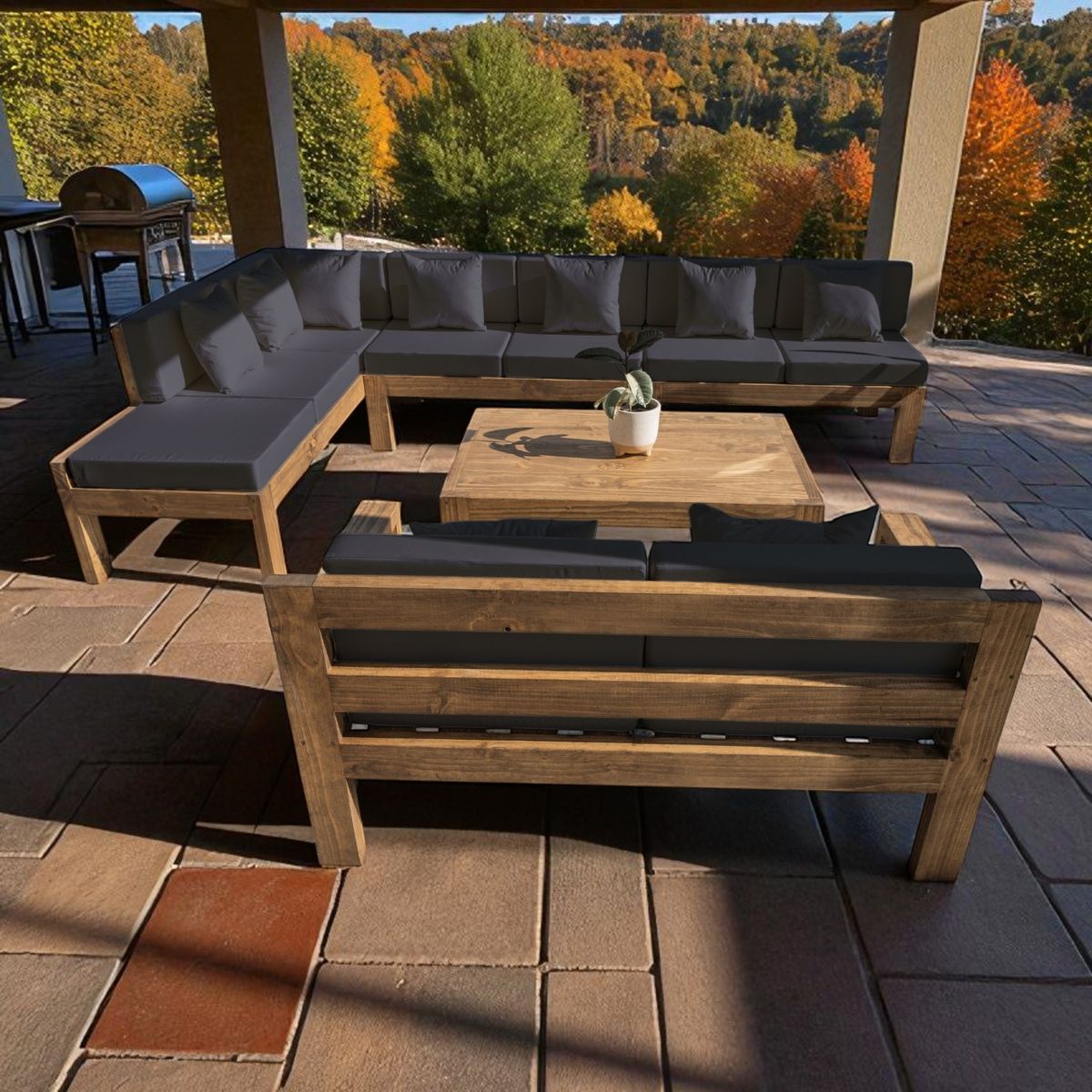 MIARUSTE - TERRAZA RÚSTICA MIARUSTE ELE 9 CUERPOS MADERA COLOR ROBLE COJINERÍA GRIS OSC