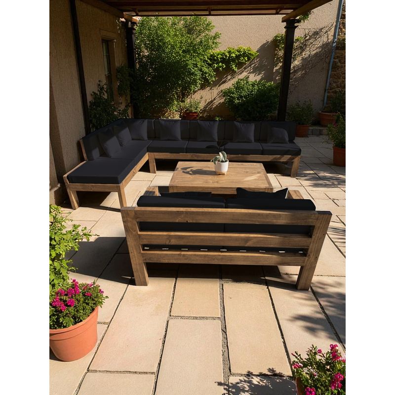 MIARUSTE - TERRAZA RÚSTICA MIARUSTE ELE 9 CUERPOS MADERA COLOR ROBLE COJINERÍA NEGRO
