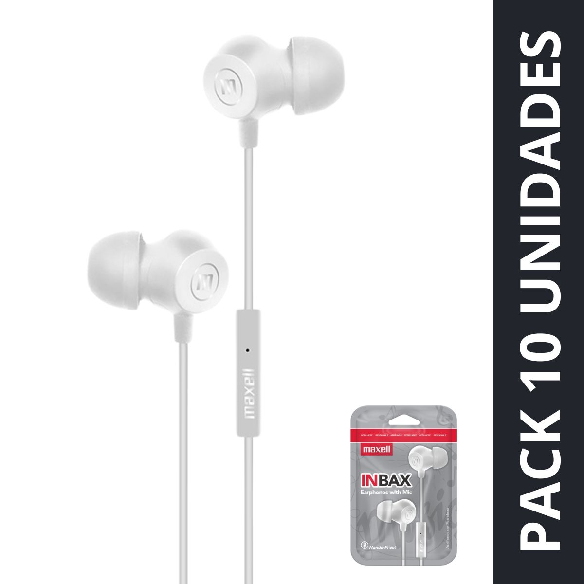 MAXELL - Pack 10 Audífonos Maxell In-bax Con Micrófono In Ear 3.5mm Blanco