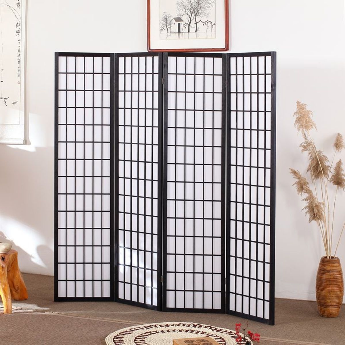 GENERICO - Biombo Separador de Ambientes Japones con Papel Shojji De 4 Paneles