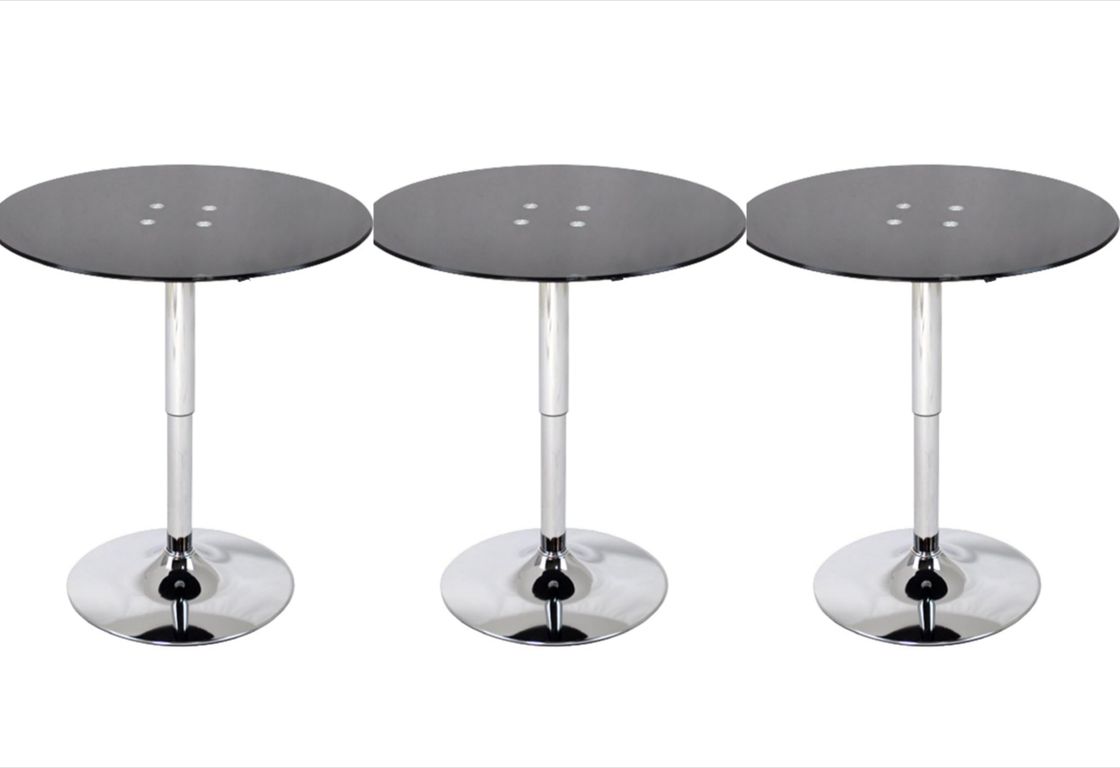 Set 3 Mesas de Bar Vidrio Templado Negro Regulable 60 CM Diametro
