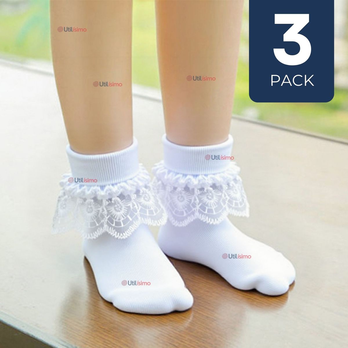 UTILISIMO - Pack 3 Calcetines Con Vuelo Blanco Niña Algodón Fiestas Patrias