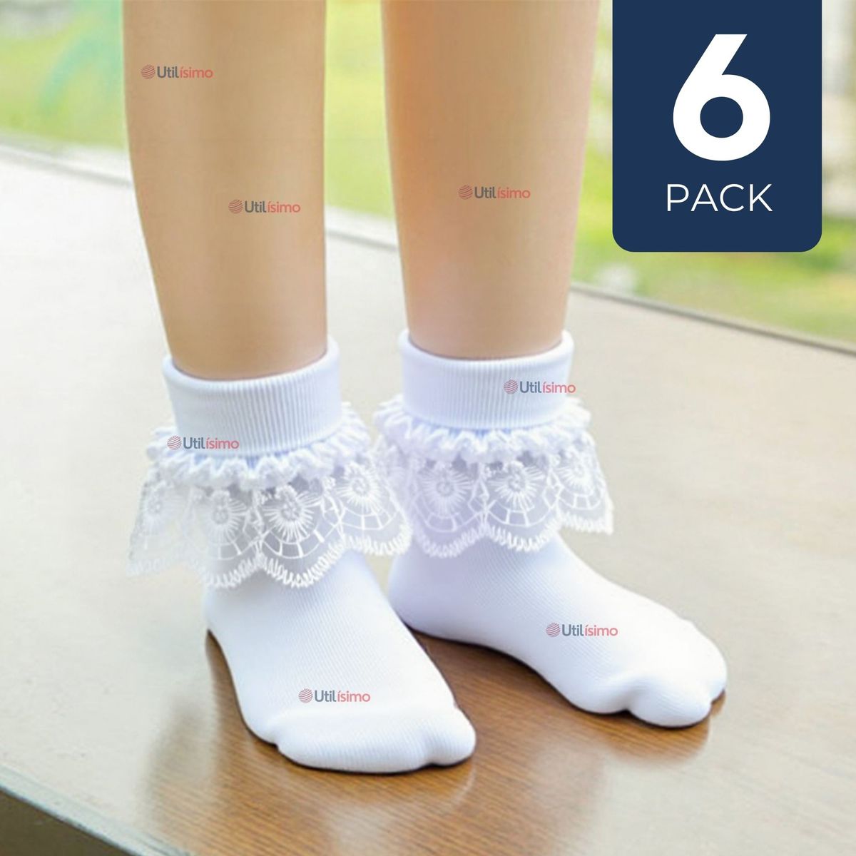 UTILISIMO - Pack 6 Calcetines Con Vuelo Blanco Niña Algodón Fiestas Patrias