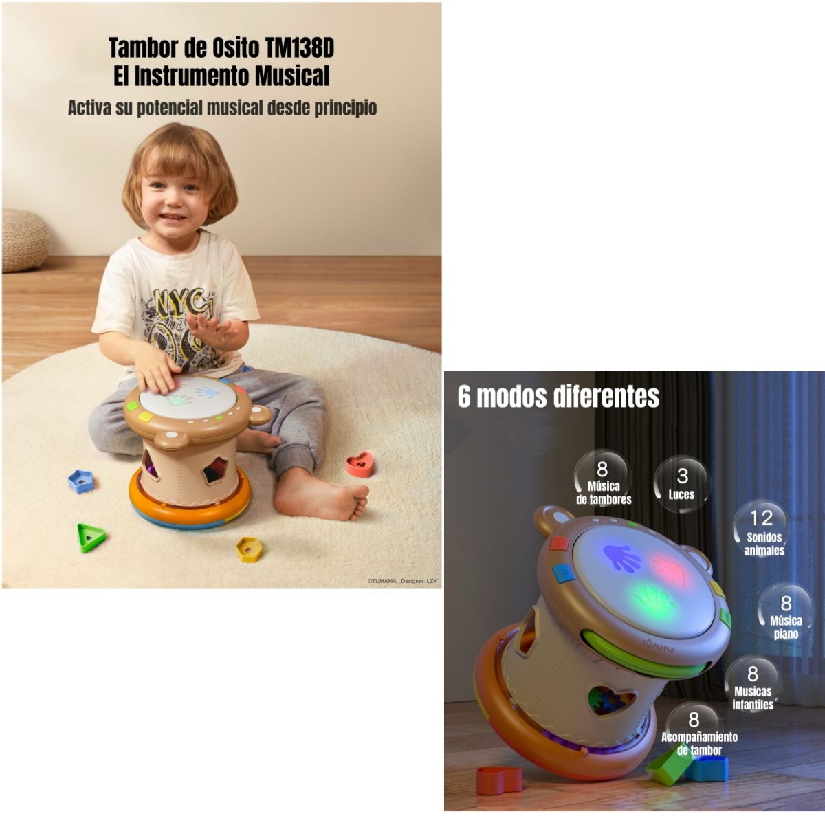 LUBABYCAS - Tambor Musical Niños Multifuncional 6 Modos TM138D LuBabycas