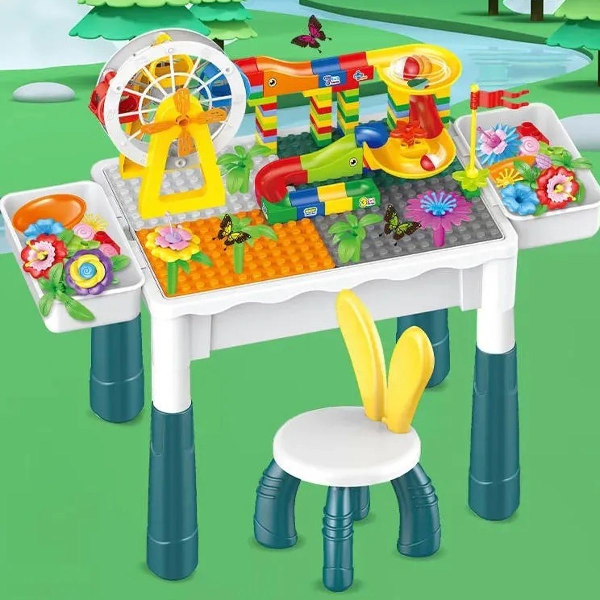 GENERICO - Mesa de juego infantil con silla y 102 bloques de lego incluido