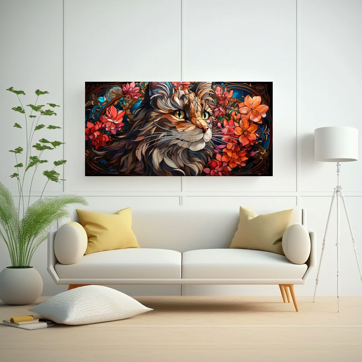 GENERICO - Cuadro Moderno Adorable Gato Sonriente Vitral 60x30 Cm