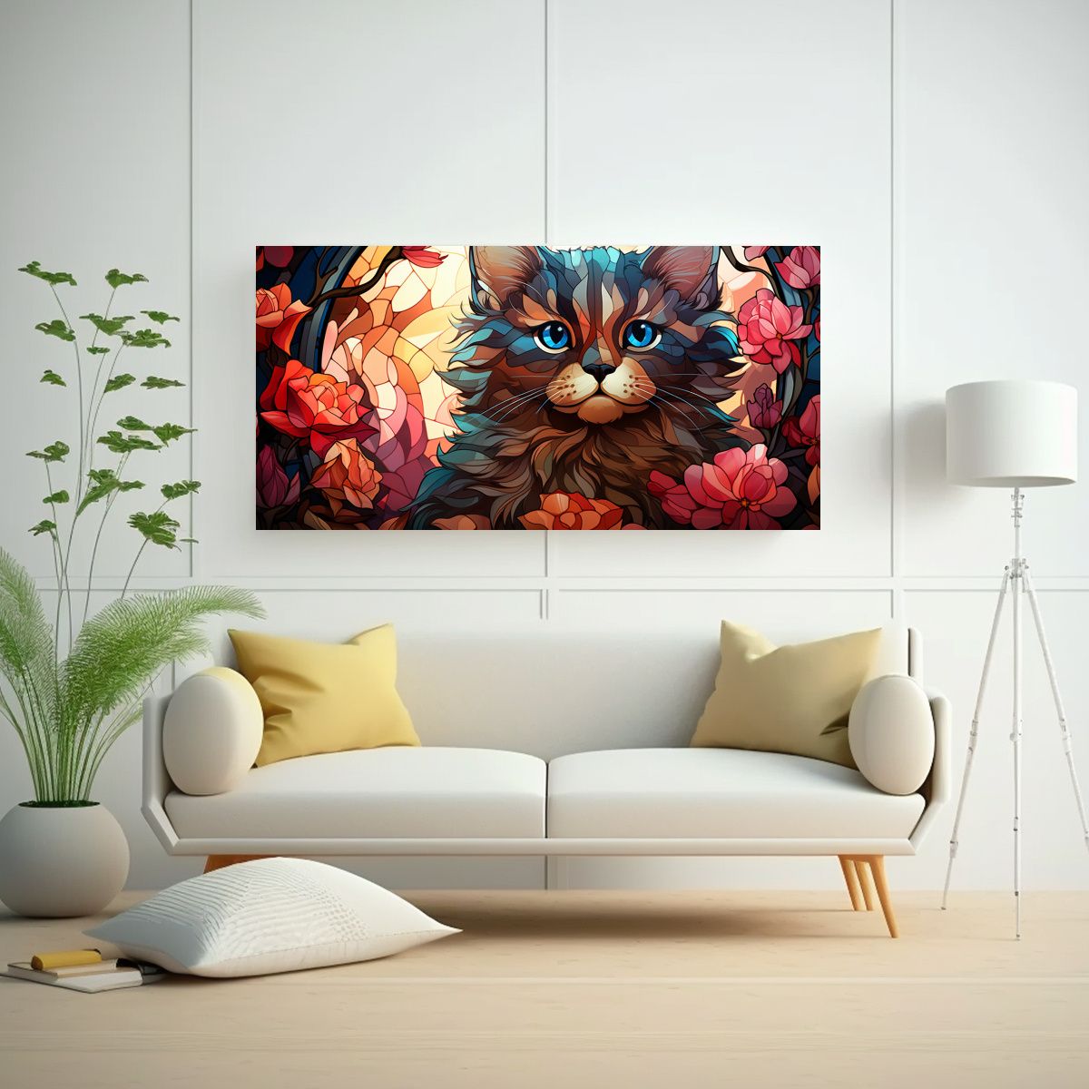 GENERICO - Cuadro De Pared Con Gato Y Flores De Colores Para 80x40 Cm