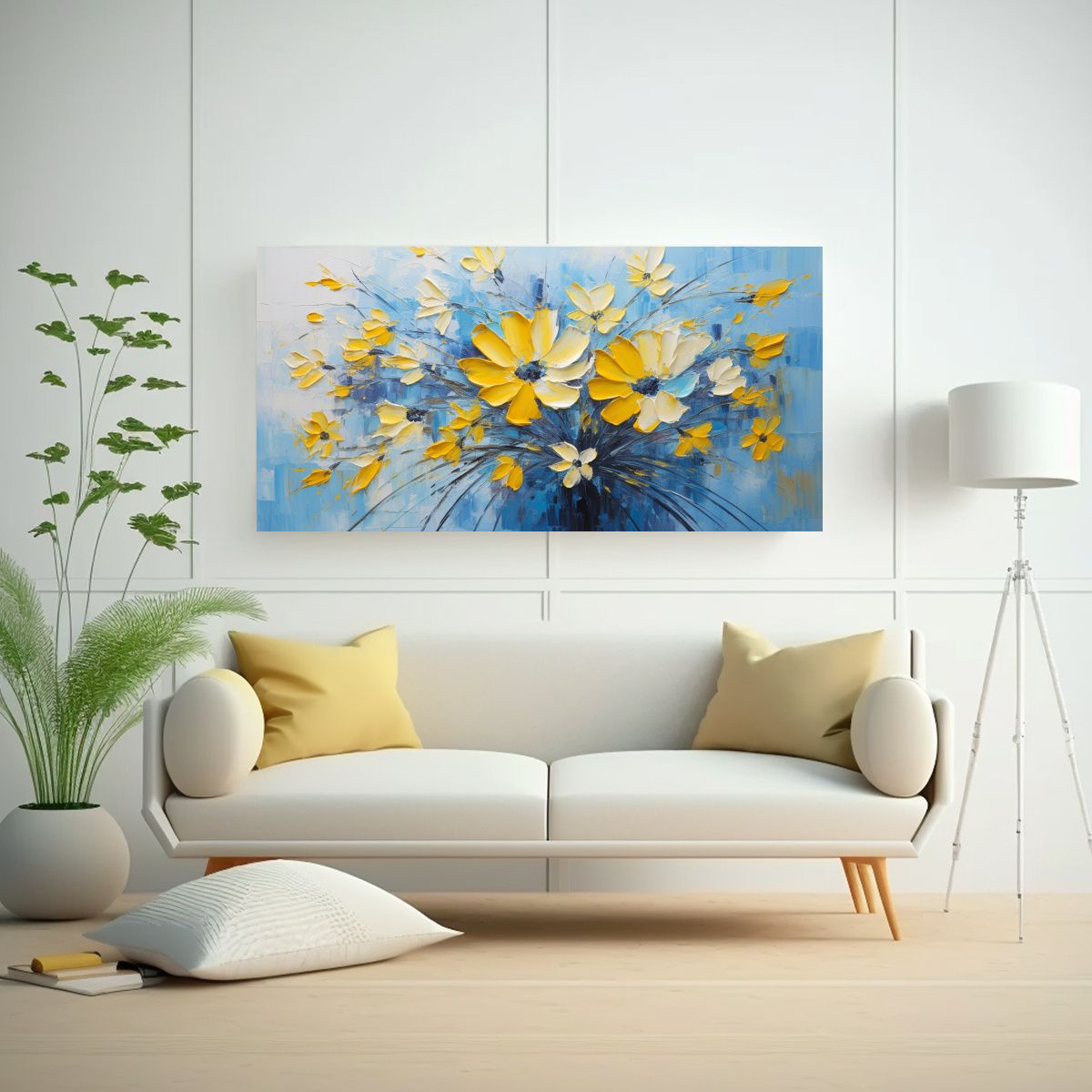 GENERICO - Pintura De Flores Amarillas Y Azules En Lienzo 100x50 Cm