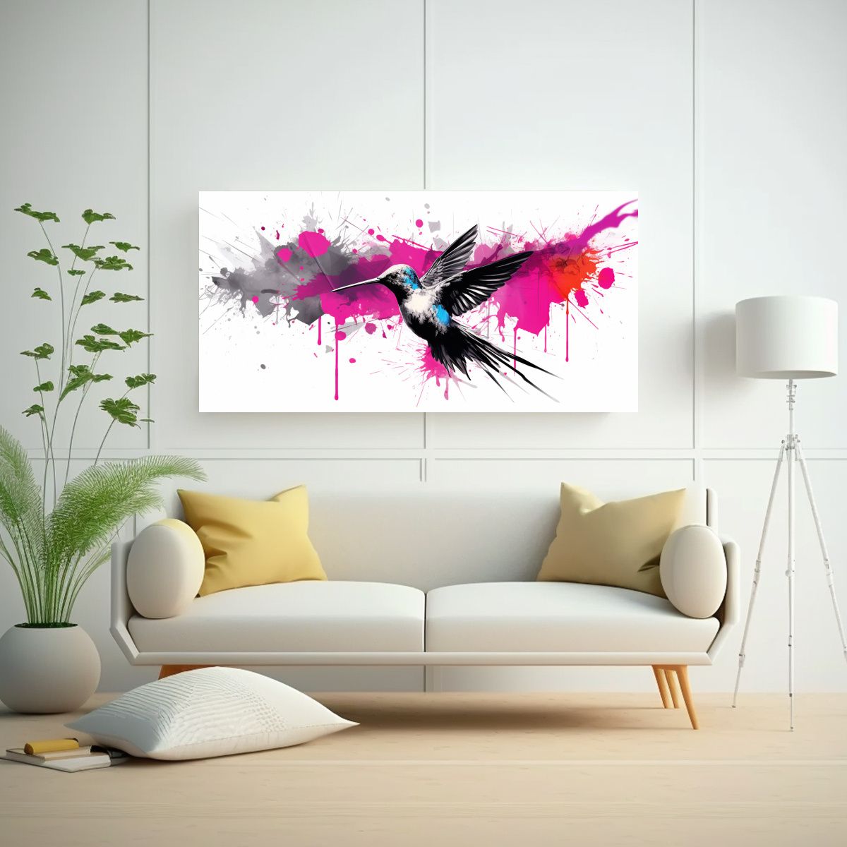 GENERICO - Pintura Decorativa Colibrí En Negro Y Rosa Neo 80x40 Cm