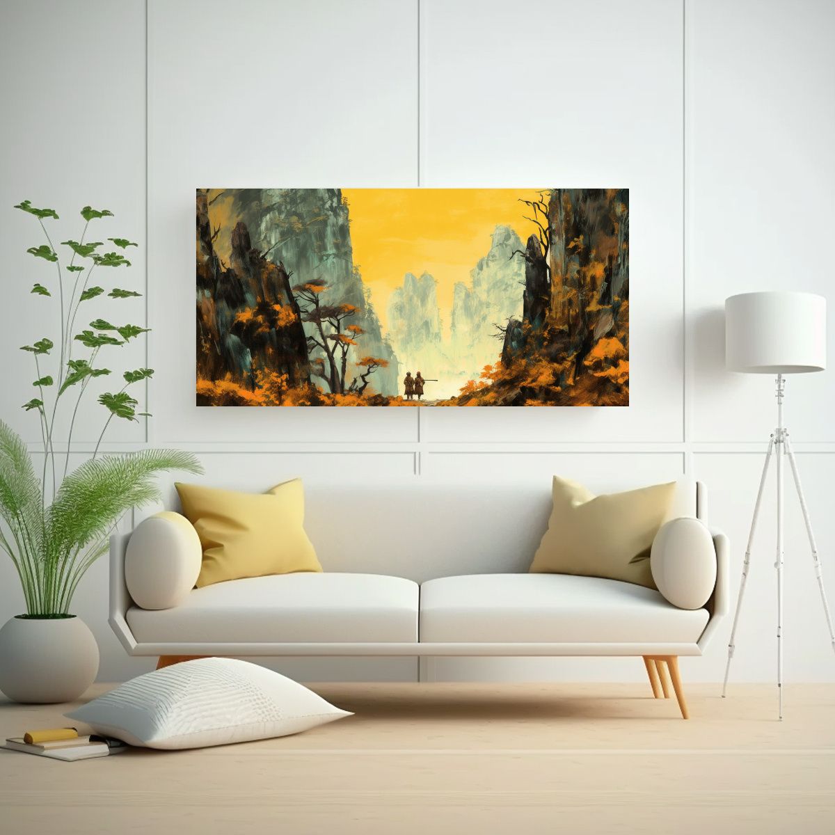 GENERICO - Pintura Amarilla En Lienzo Con Montaña Amarilla 60x30 Cm