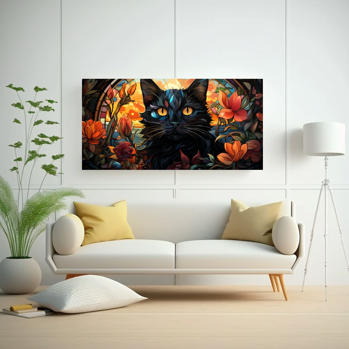 GENERICO - Cuadro Decorativo Moderno Vidriera Gato Negro 100x50 Cm