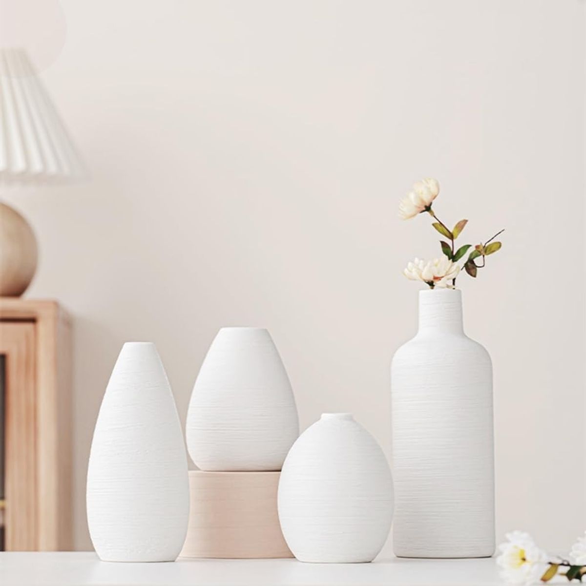 TATEE - set 4 Floreros cerámica Adornos 11/11/15/20 cm Estilo nórdico Blanco