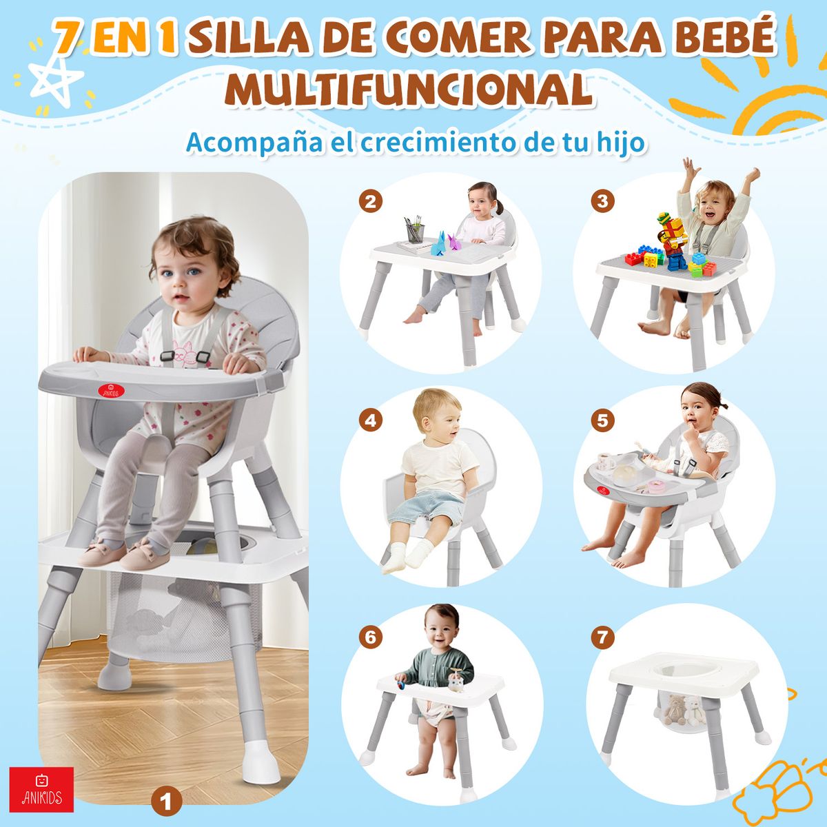 ANIKIDS - 7 En 1 Silla De Comer Para Bebé Guagua Multifuncional Gris