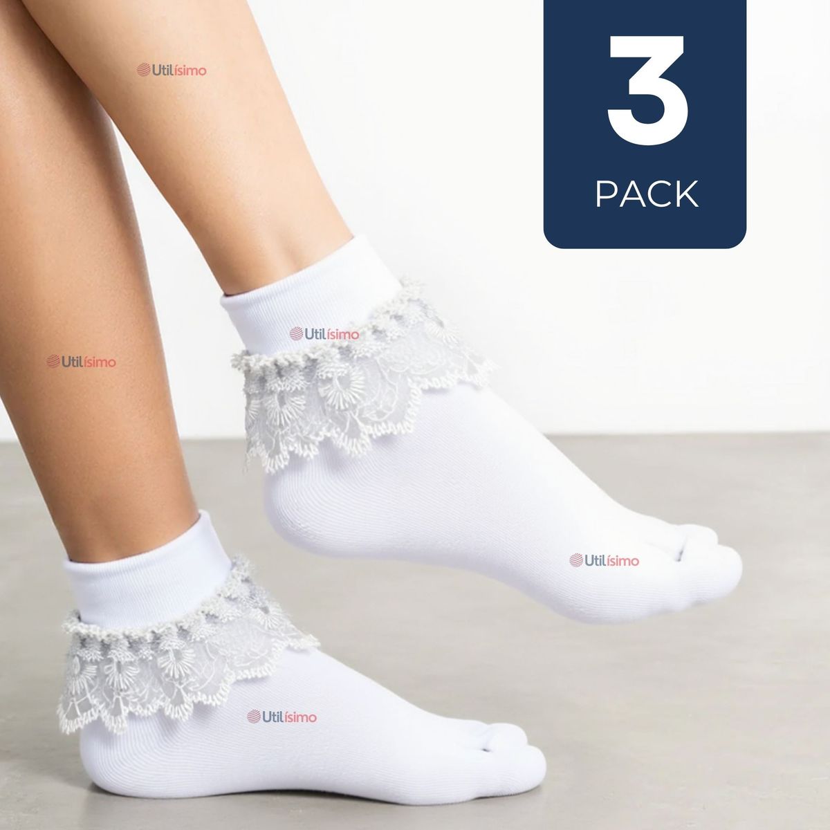 UTILISIMO - Pack 3 Calcetines Con Vuelo Blanco Niña Algodón Fiestas Patrias