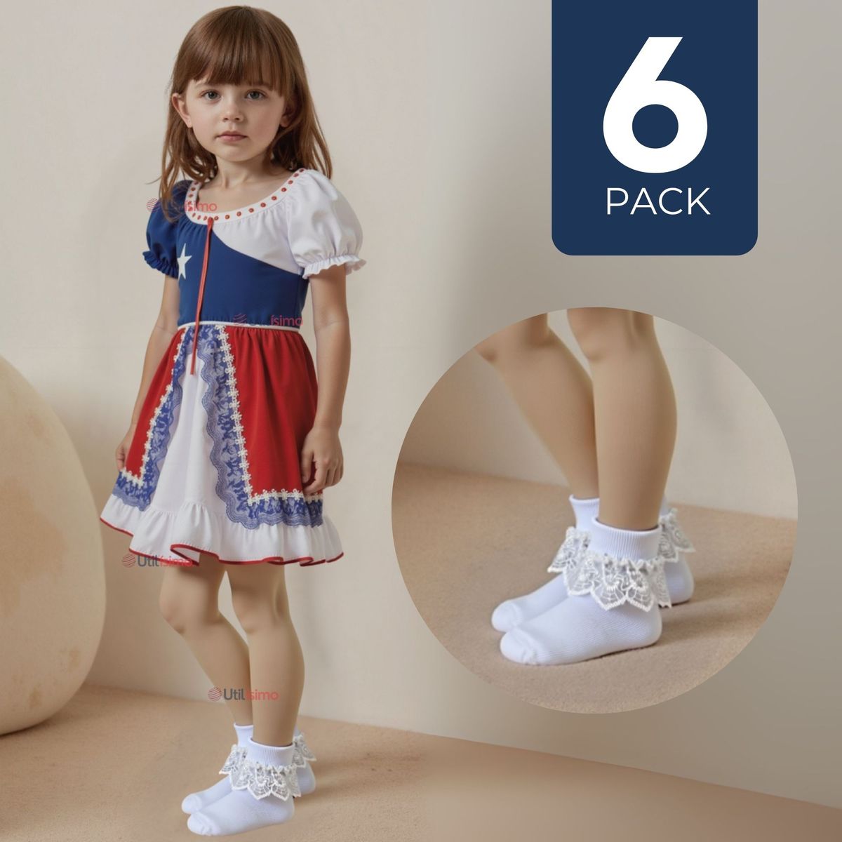 UTILISIMO - Pack 6 Calcetines Con Vuelo Blanco Niña Algodón Fiestas Patrias