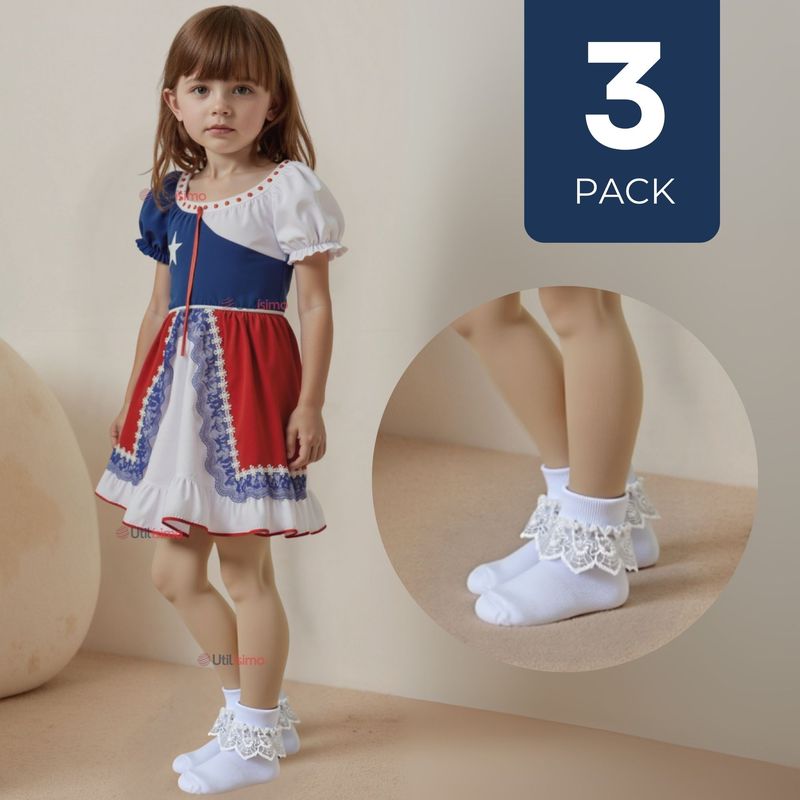 UTILISIMO - Pack 3 Calcetines Con Vuelo Blanco Niña Algodón Fiestas Patrias