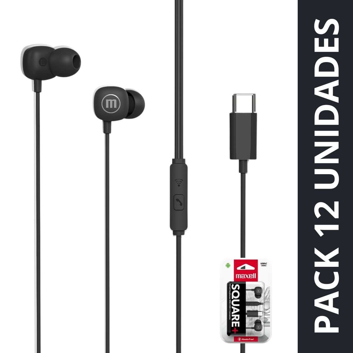 MAXELL - Pack 12 Audífonos Maxell Tipo C Square Negro