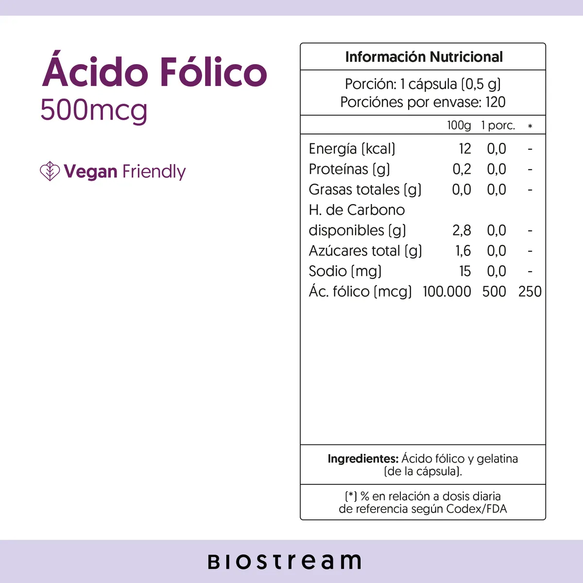 BIOSTREAM - Ácido Fólico 500mcg Vegano 120 Cápsulas Biostream