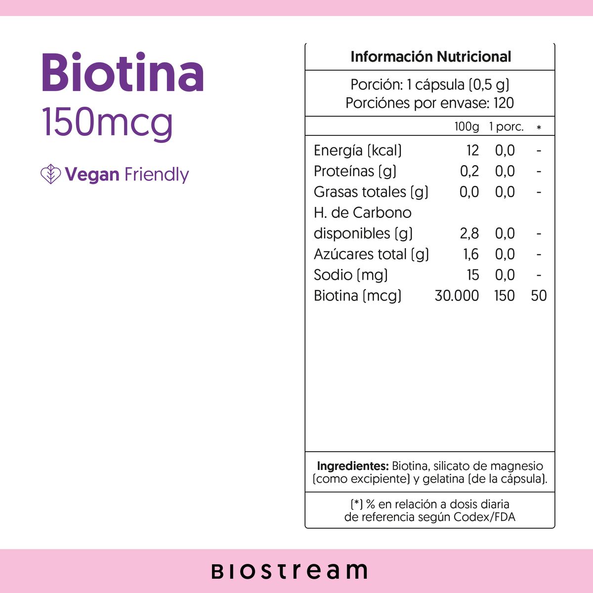 BIOSTREAM - Biotina 150mcg Vegana 120 Cápsulas Biostream