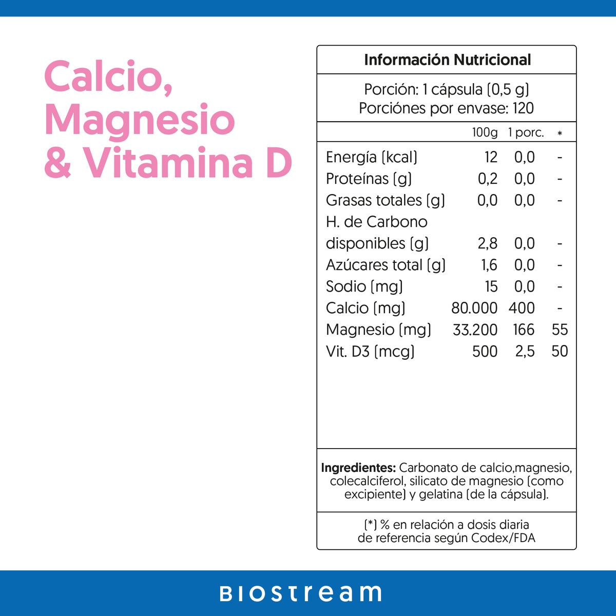 BIOSTREAM - Calcio Magnesio & Vitamina D 120 Cápsulas Biostream