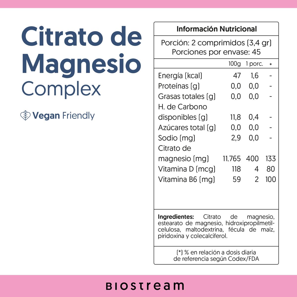 BIOSTREAM - Citrato De Magnesio Vitamina D & Vitamina B6 Vegano 90 Cápsulas Biostream