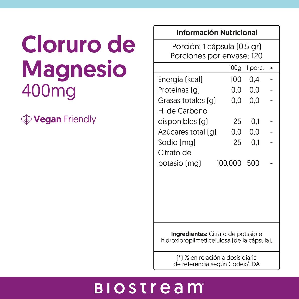 BIOSTREAM - Cloruro de Magnesio 400mg 120 Cápsulas Vegano Biostream