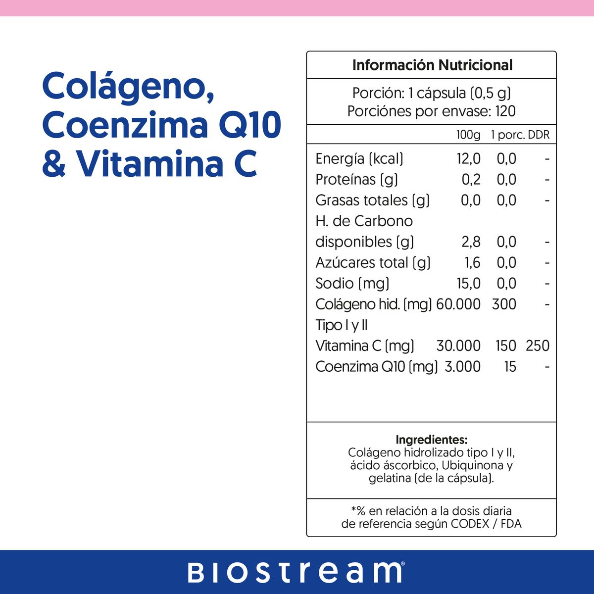 BIOSTREAM - Colágeno Hidrolizado + Coenzima Q10 & Vitamina C 120 Cápsulas Biostream