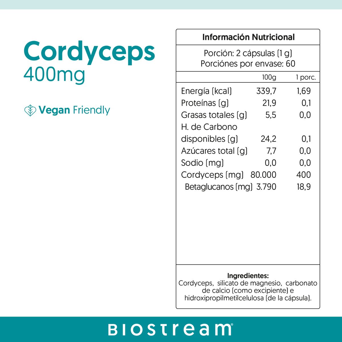 BIOSTREAM - Hongo Cordyceps 400mg 120 Cápsulas Vegano Antioxidante Biostream