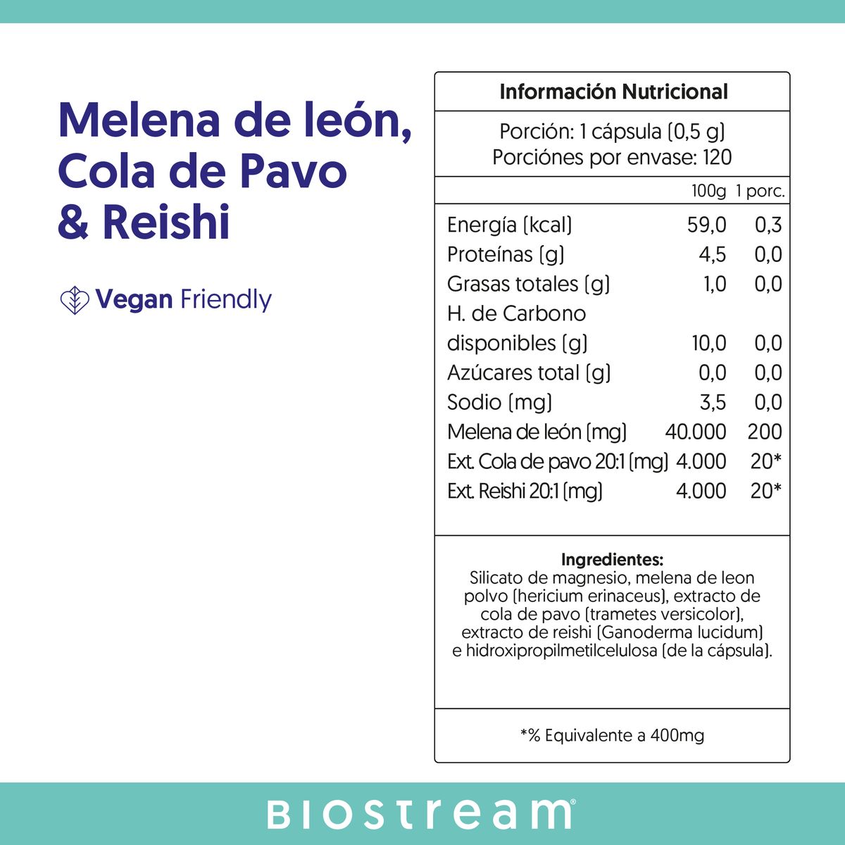 BIOSTREAM - Melena de Leon + Cola de Pavo & Reishi 120 Cápsulas Vegana Biostream