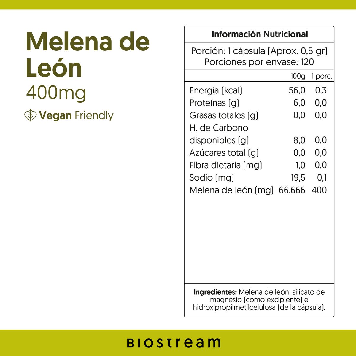 BIOSTREAM - Melena De León Vegano 400mg 120 Cápsulas Vegana Biostream