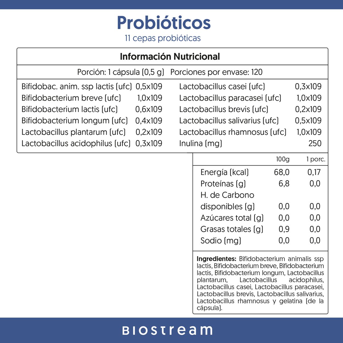 BIOSTREAM - Probióticos 11 Cepas 6 Billones UFC 120 Cápsulas Biostream