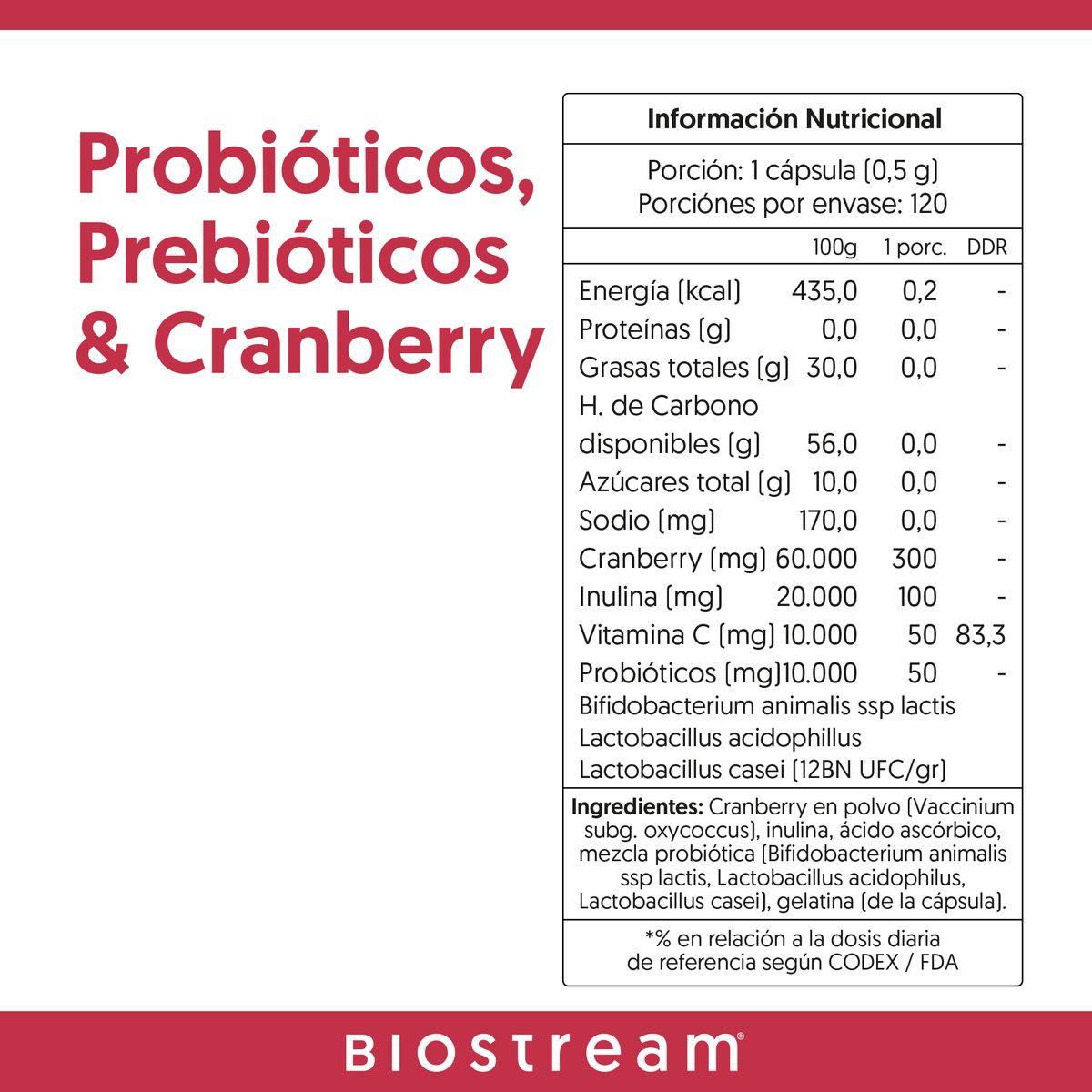 BIOSTREAM - Probióticos prebióticos & Cranberry 120 Cápsulas Biostream