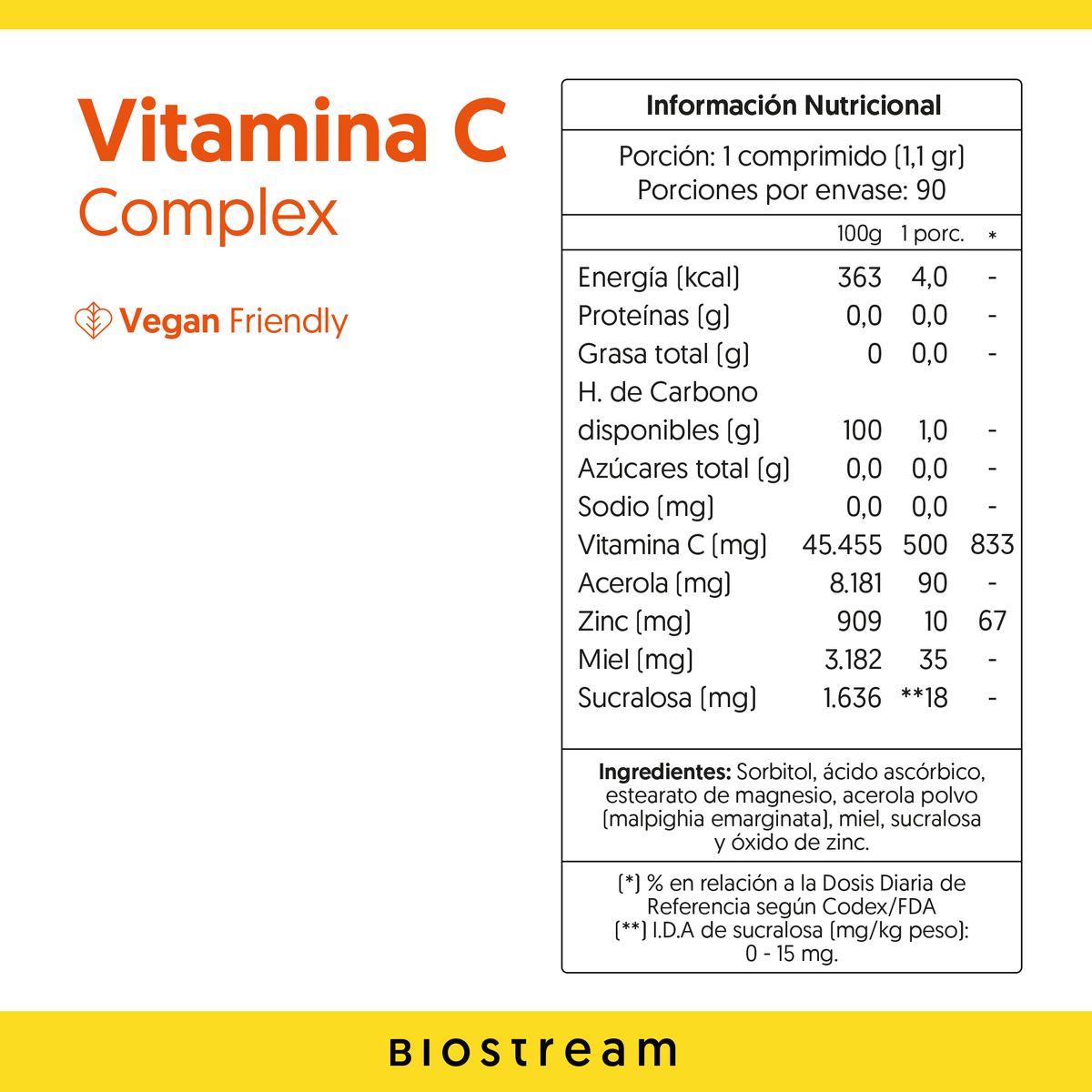 BIOSTREAM - Vitamina C Acerola Zinc Miel 90 Cápsulas Biostream
