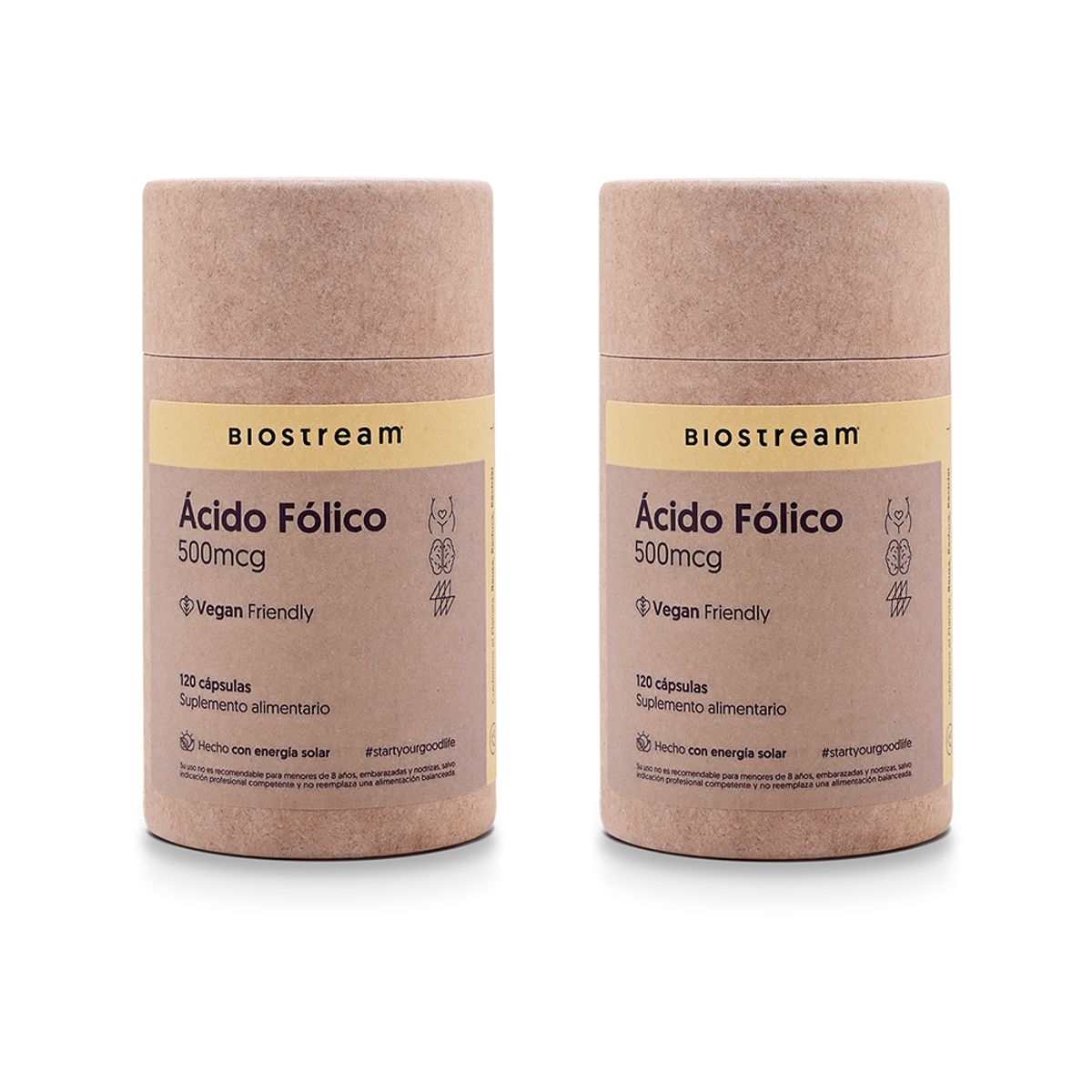 BIOSTREAM - Pack X 2 Ácido Fólico 500mcg Vegano 120 Cápsulas Biostream