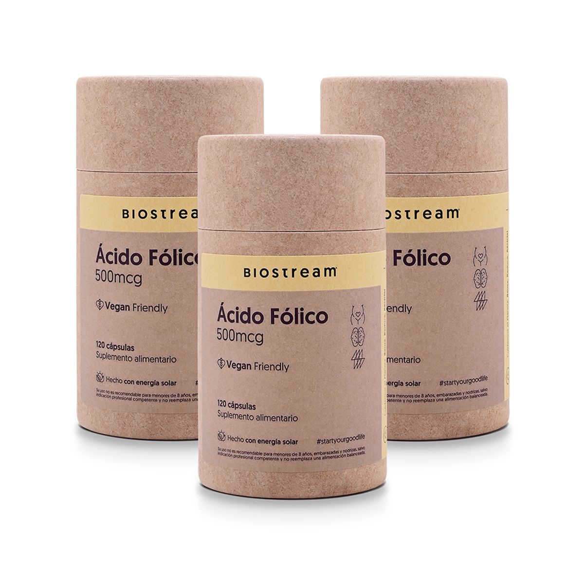 BIOSTREAM - Pack X 3 Ácido Fólico 500mcg Vegano 120 Cápsulas Biostream