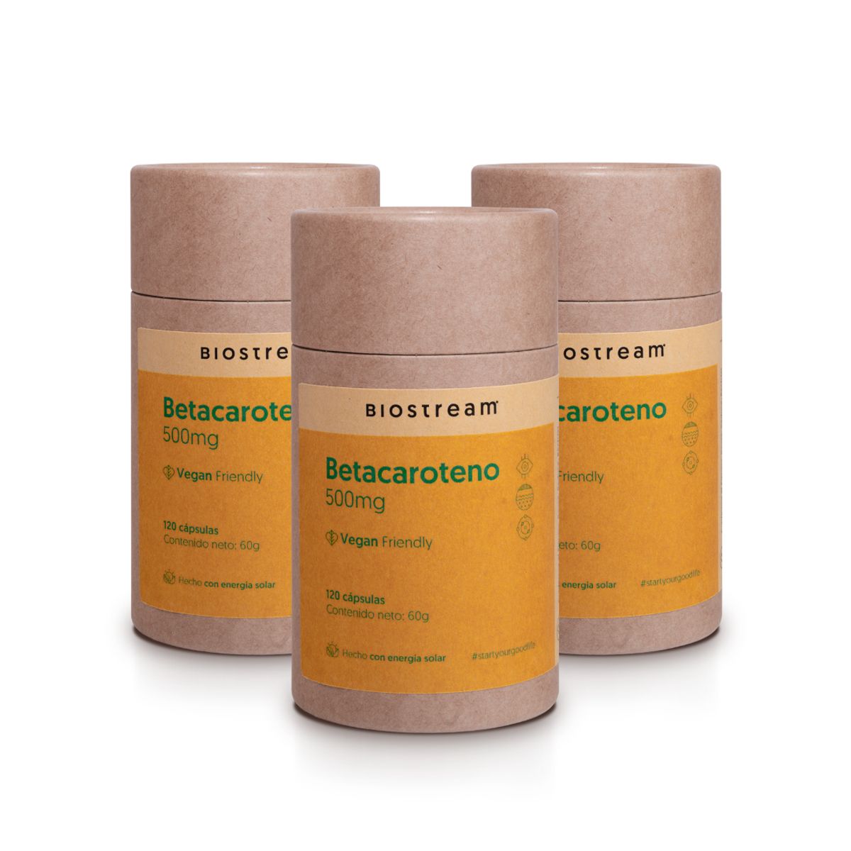 BIOSTREAM - Pack X 3 Betacaroteno 500mg 120 Cápsulas Vegan Antioxidante Biostream