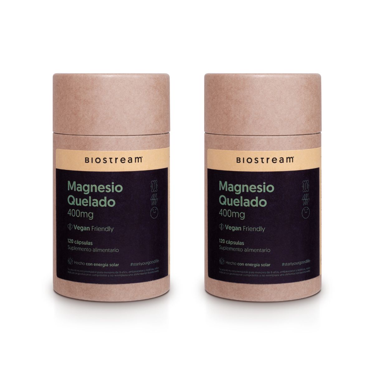 BIOSTREAM - Pack X 2 Magnesio Quelado 400mg 120 Cápsulas Vegano Biostream